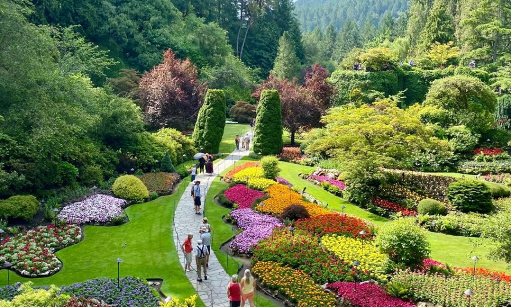 Overhead view of the sunken garden at Butchart Gardens in Brentwood Bay, BC