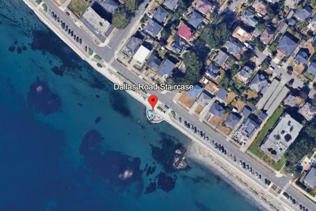 Google earth map view of the Dallas Road Staircase in Victoria, BC