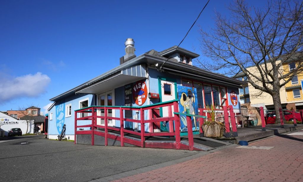 Out front of the Fish on Fifth restaurant on fifth street in Sidney, BC