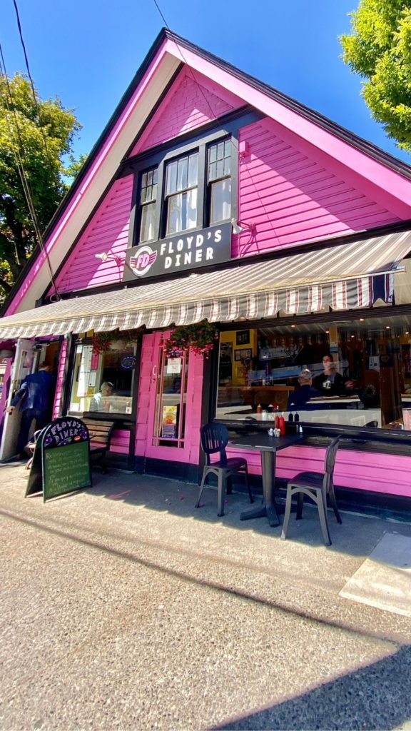 Outside of the classic pink Floyd's Diner in James Bay