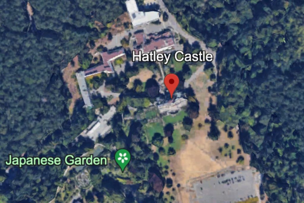 Google earth view of Hatley Castle in Coolwood, BC