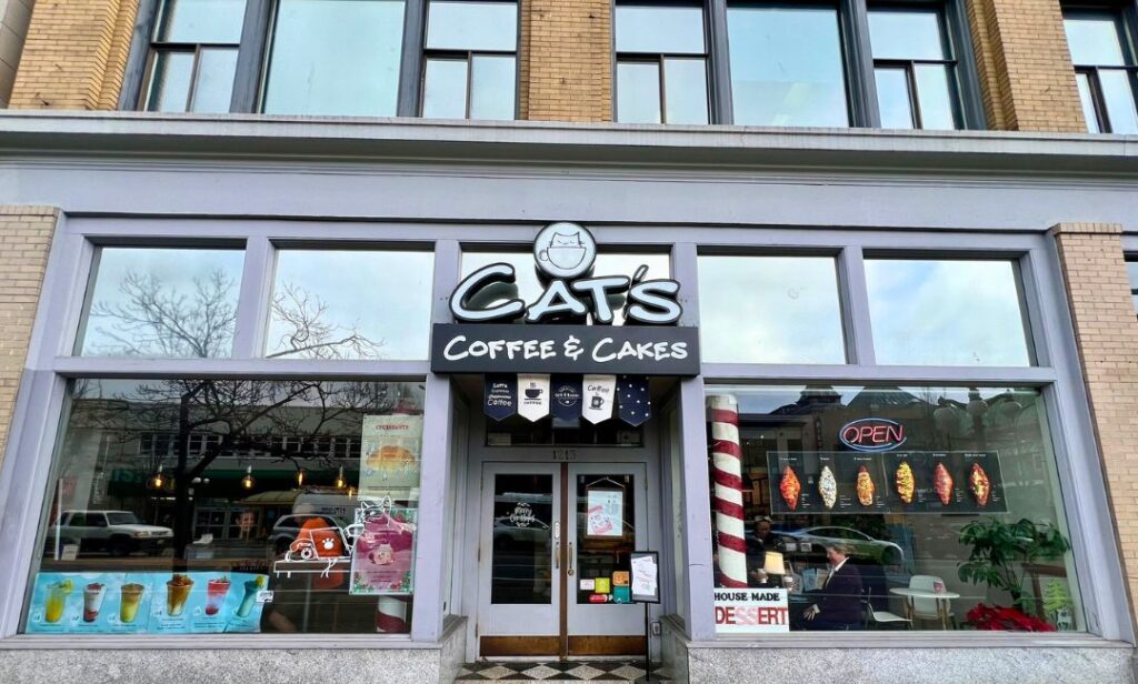 Outside view of Cats Coffee & Cakes in Victoria, BC