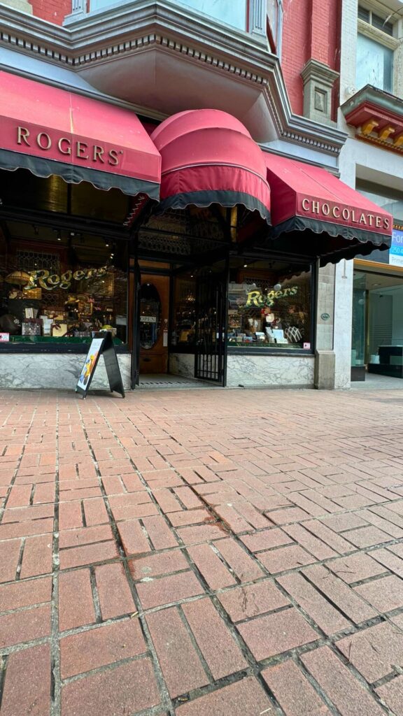 Out front of Rogers' Chocolates National Historic Site in Downtown Victoria, BC